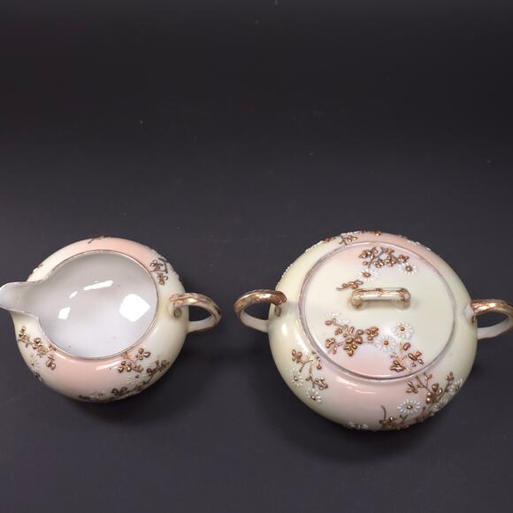 MCM Japanese Porcelain Embossed Floral Design Sugar & Creamer Set Gold Trim - Picture 5 of 11